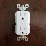 Photo of a GFCI Receptacle that may be used in a residential application such as protection for kitchen, bath, garage, laundry room, or exterior receptacles.