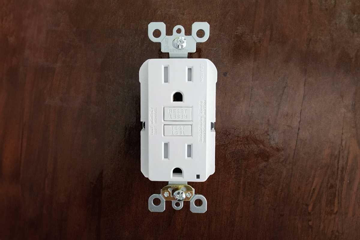Photo of a GFCI Receptacle that may be used in a residential application such as protection for kitchen, bath, garage, laundry room, or exterior receptacles.